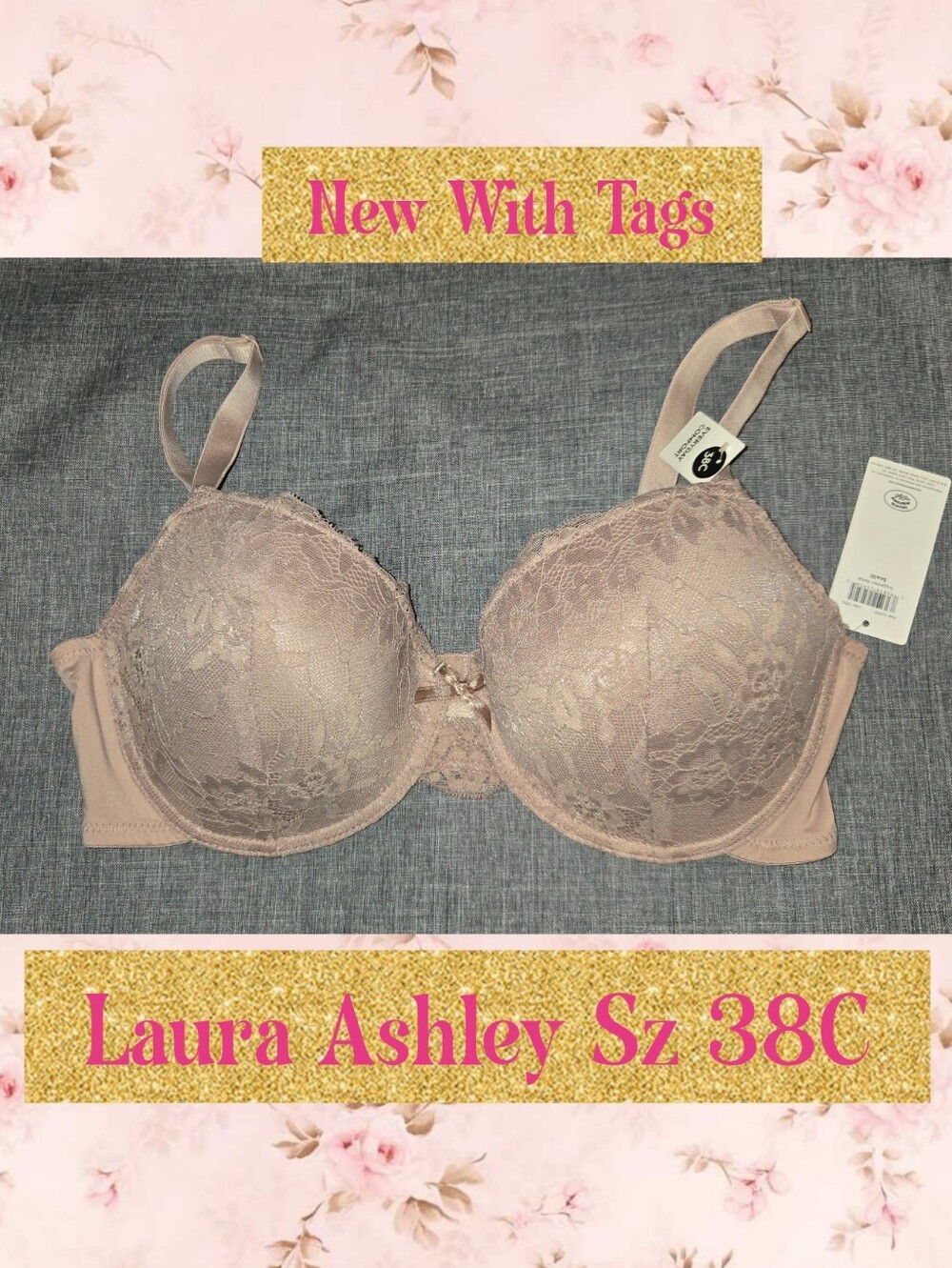 NWT Laura Ashley Lace Bra in Pink Blush Sz 38C